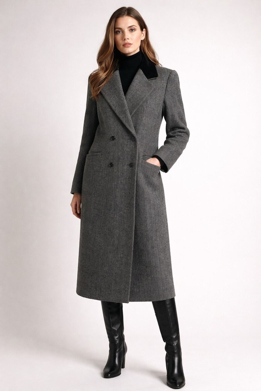 Vintage 1980s Central Park Wool Herringbone Velvet Collar Long Coat size Medium